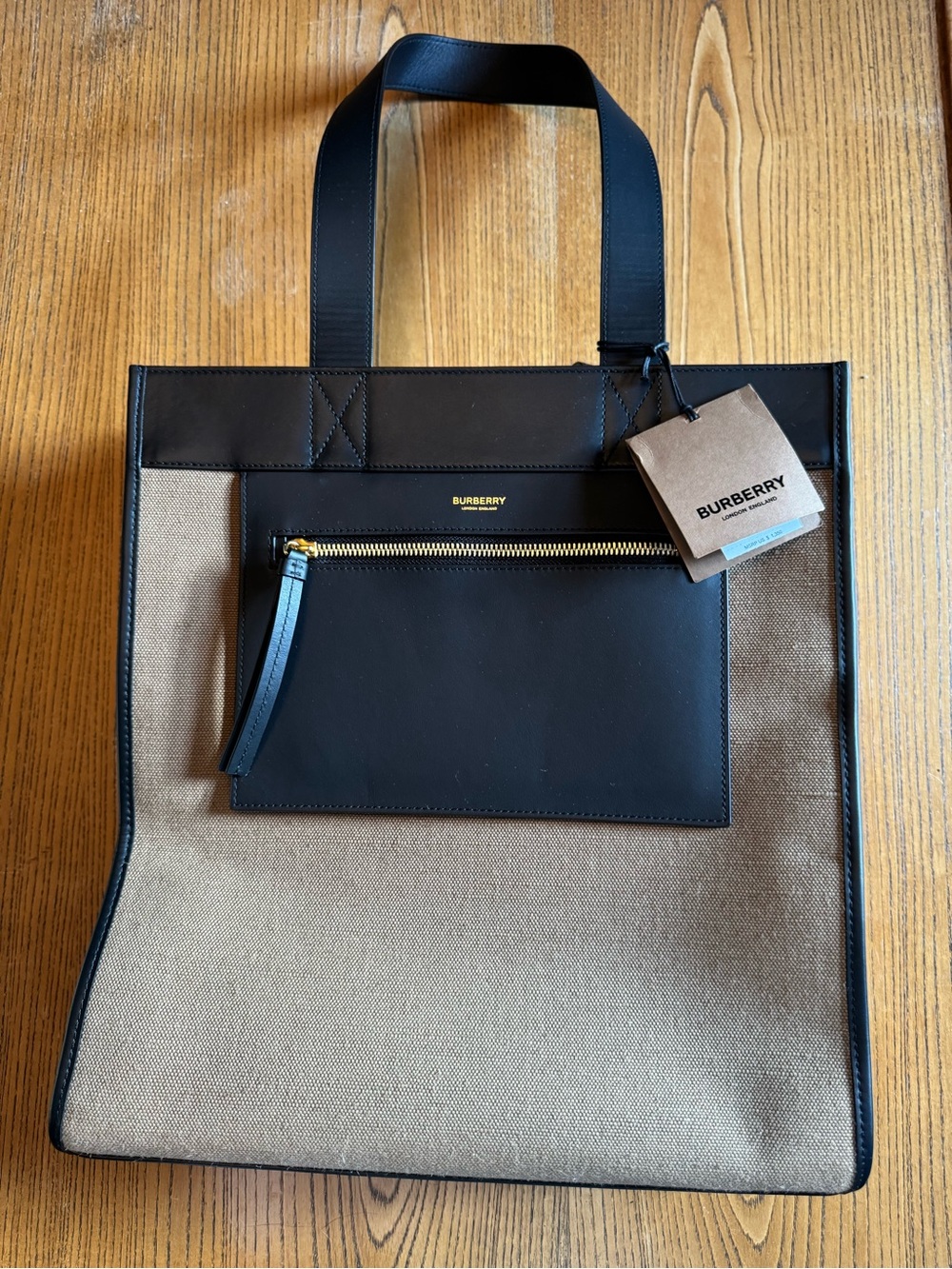 Burberry Tan Canvas with Black Leather Pocket Tote